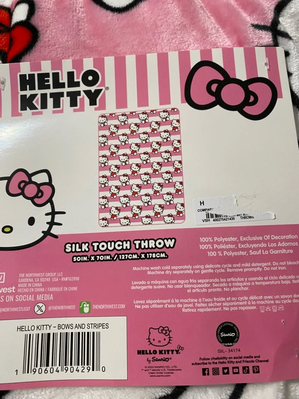 Hello Kitty Pink White Striped Plush Throw Blanket with Red Accents